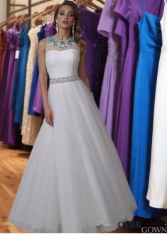 Elegant White Tulle A-Line Prom Dress with Jewel Neckline and Pleated Skirt Elegant White Tulle A-Line Prom Dress with Jewel Neckline and Pleated Skirt