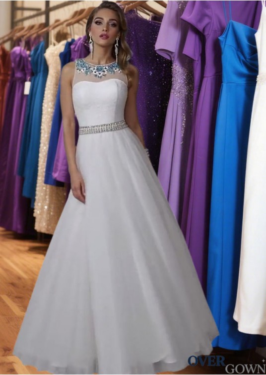 Elegant White Tulle A-Line Prom Dress with Jewel Neckline and Pleated Skirt Elegant White Tulle A-Line Prom Dress with Jewel Neckline and Pleated Skirt