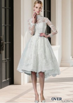 Illusion High Neck A-Line Lace Bridal Dress Hi-Lo