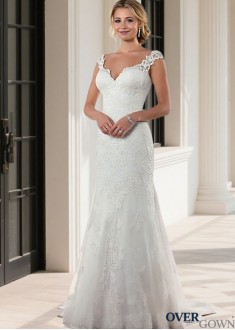 Short Cap Sleeve Trumpet Bridal Gown Chapel Train