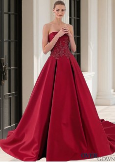 Elegant Satin Strapless A-Line Wedding Dress with Chapel Train