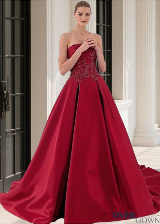 Elegant Satin Strapless A-Line Wedding Dress with Chapel Train Elegant Satin Strapless A-Line Wedding Dress with Chapel Train