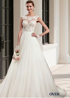 Short Cap Sleeve Tulle Satin Bridal Gown