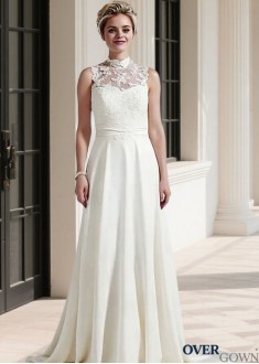 Sleeveless Lace Chiffon Bridal Gown Sweep Train