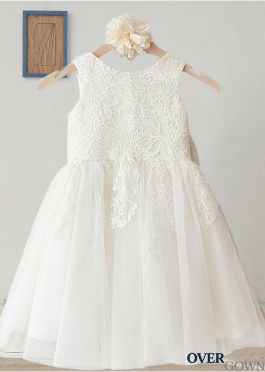White Tulle & Satin Flower Girl Dress – Knee-Length A-Line Gown White Tulle & Satin Flower Girl Dress – Knee-Length A-Line Gown