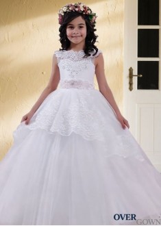 White Tulle Satin Ball Gown Flower Girl Dresses Floor-Length for Weddings