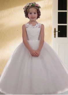 White Tulle Ball Gown Flower Girl Dresses for Weddings with Appliques