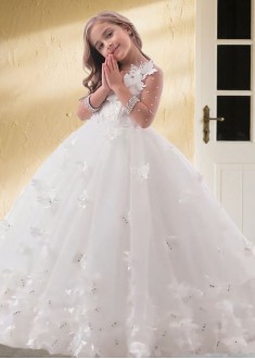 White Tulle & Lace Ball Gown Flower Girl Dress – Elegant Wedding Outfit
