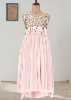 Pink Sequin Chiffon Tea Length Flower Girl Dress – Elegant Party Look