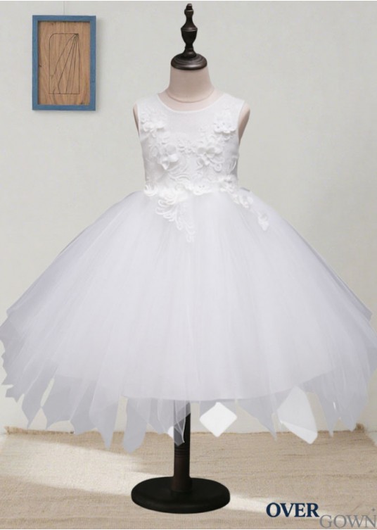 White Tulle & Lace Flower Girl Dresses – Ankle Length Ball Gown White Tulle & Lace Flower Girl Dresses – Ankle Length Ball Gown
