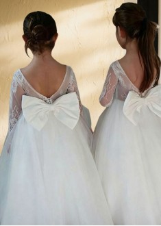 White Lace & Tulle Flower Girl Dress – Floor Length Ball Gown