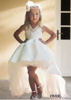 White Hi-Lo Ball Gown Flower Girl Dress with Tulle and Satin