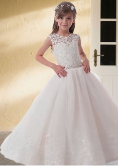 White Lace & Tulle Flower Girl Dresses  – A Line Ball Gown