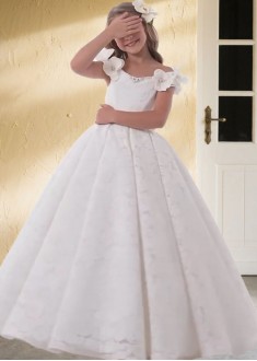 White Lace Flower Girl Dress – Floor Length Ball Gown for Wedding