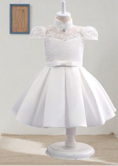 White Lace & Satin Ball Gown Flower Girl Dresses Ankle Length