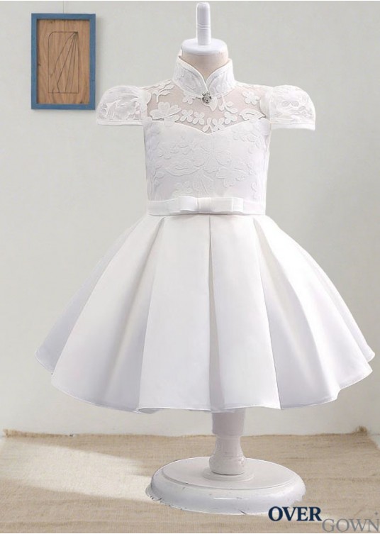 White Lace & Satin Ball Gown Flower Girl Dresses Ankle Length White Lace & Satin Ball Gown Flower Girl Dresses Ankle Length