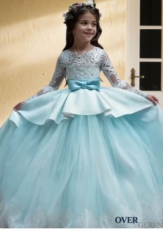 Dusty Blue Flower Girl Ball Gown Tulle Dress Floor Length