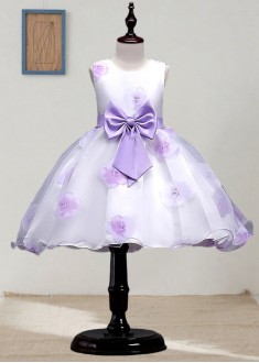 Purple Flora Organza Ball Gown Knee Length Flower Girl Dress for Wedding