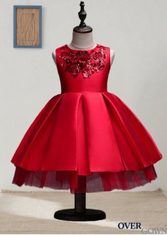 Tea Length Red Ball Gown Flower Girl Dress Satin