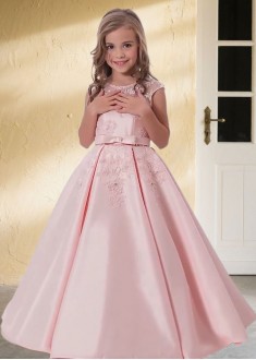 Pink Satin Ball Gown Floor-Length Flower Girl Dress with Appliques