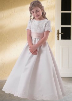 White Satin A-Line Floor Length Flower Girl Dreses with Sleeves