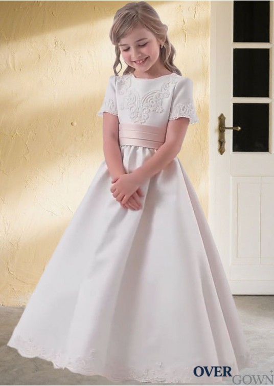 White Satin A-Line Floor Length Flower Girl Dreses with Sleeves White Satin A-Line Floor Length Flower Girl Dreses with Sleeves