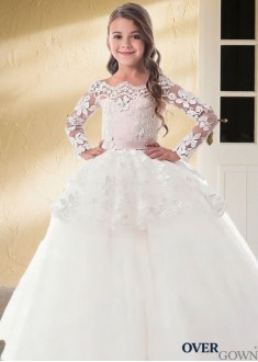 Ivory White Ball Gown Flower Girl Dress with Lace and Tulle