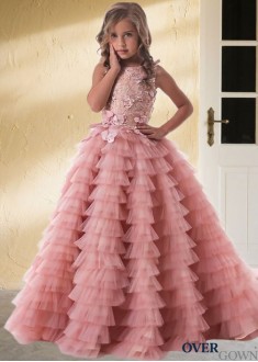 Pink Ball Gown Flower Girl Dress with Lace Floor Length