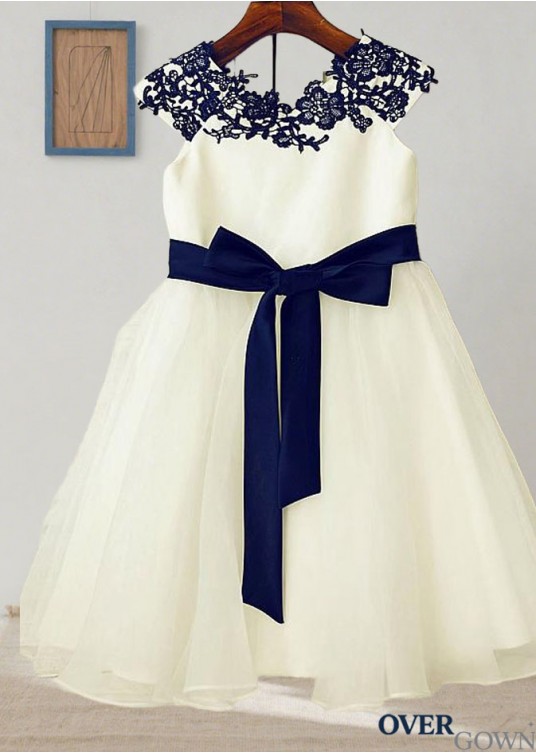 Tulle & Satin A Line Knee Length Flower Girl Dress for Weddings with Appliques Tulle & Satin A Line Knee Length Flower Girl Dress for Weddings with Appliques