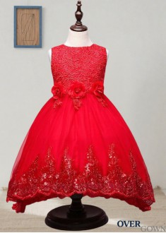 Red Lace and Tulle Ball Gown Flower Girl Dresses Elegant