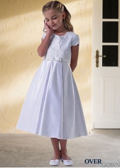 Tea-Length White Satin A-Line Flower Girl Dress - Elegant Silhouette for Special Occasions Tea-Length White Satin A-Line Flower Girl Dress - Elegant Silhouette for Special Occasions