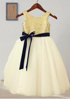 Sequin Tulle Flower Girl Dresses with Sash – A Line Gowns