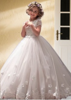 White Tulle & Lace Flower Girl Dress – Ball Gown for Wedding