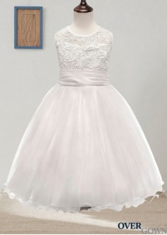 Long White A-Line Flower Girl Dress Lace & Tulle