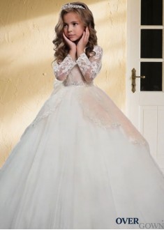 Floor-Length White Lace and Tulle Flower Girl Ball Gown Dress for Weddings