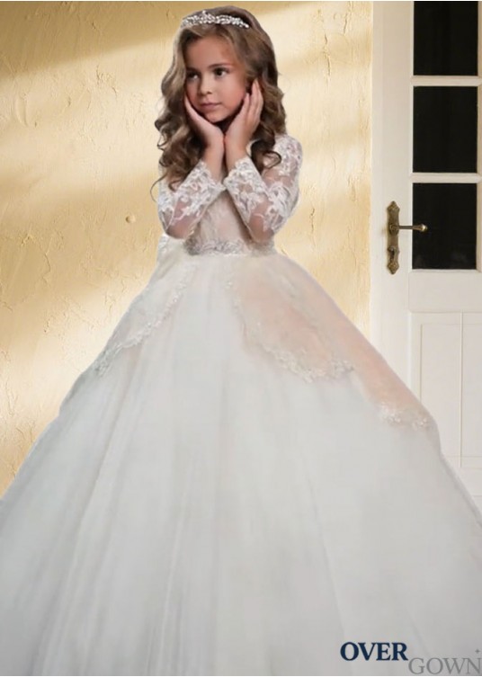 Floor-Length White Lace and Tulle Flower Girl Ball Gown Dress for Weddings Floor-Length White Lace and Tulle Flower Girl Ball Gown Dress for Weddings