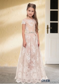 Floor-Length Lace Flower Girl Dress with Satin A-Line