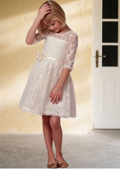 White Lace & Satin A-Line Knee-Length Flower Girl Dress – Classic Wedding Outfit