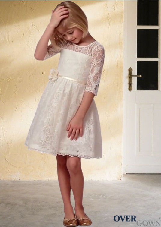 White Lace & Satin A-Line Knee-Length Flower Girl Dress – Classic Wedding Outfit White Lace & Satin A-Line Knee-Length Flower Girl Dress – Classic Wedding Outfit