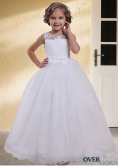 Long White A-Line Flower Girl Dress Tulle & Satin