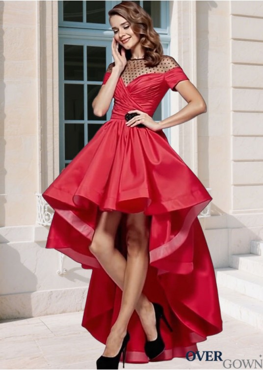 Red Jewel Neck Hi-Lo Prom Dress – Elegant Pleated A-Line Taffeta Evening Gown Red Jewel Neck Hi-Lo Prom Dress – Elegant Pleated A-Line Taffeta Evening Gown
