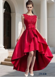 Red Asymmetrical Prom Dress – Satin A line Scoop Neck Formal Gown