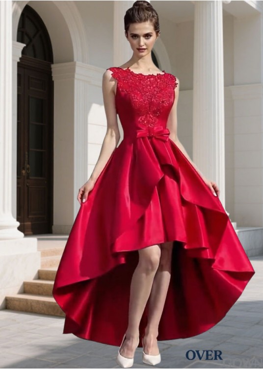 Red Asymmetrical Prom Dress – Satin A line Scoop Neck Formal Gown Red Asymmetrical Prom Dress – Satin A line Scoop Neck Formal Gown