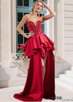 Red Sweetheart Hi-Lo Prom Dress with Train – Formal Gown for Women Red Sweetheart Hi-Lo Prom Dress with Train – Formal Gown for Women