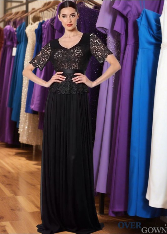 Black V-Neck A-Line Lace Evening Dresses with Pleated Floor-Length Skirt Black V-Neck A-Line Lace Evening Dresses with Pleated Floor-Length Skirt