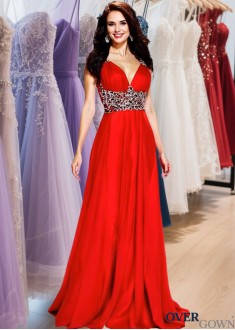 Red V-Neck Chiffon Prom Dress – Floor Length A Line Prom Gown