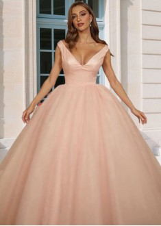 Elegant Ball Gown Tulle Ruffles V-Neck Sleeveless Floor-Length Prom Dress for Women