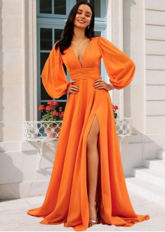 Chiffon Ruffles V-Neck Long Sleeve Prom Dress – Evening Gown USA