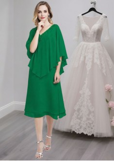 Tea-Length Chiffon V-Neck A-Line Mother of the Bride Dress with Beading