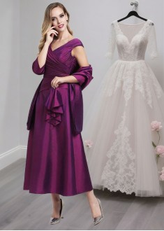 Tea-Length V-Neck A-Line Taffeta Mother of the Bride Dress with Beading